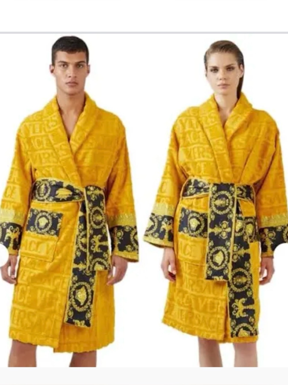 Versace Vibrant Yellow Terry Robe with Black and Gold Baroque Accents, XL .